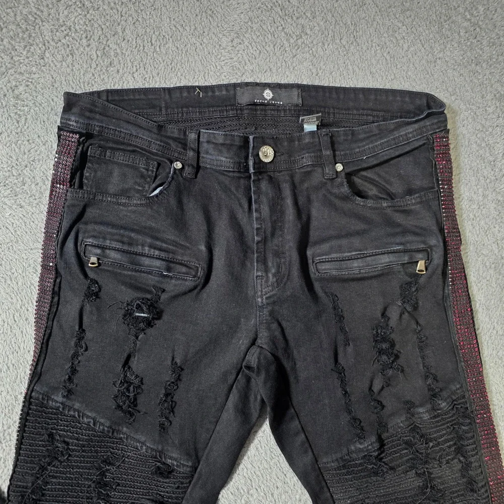 Focus Jeans Mens 36x32 Moto Denim Black Distressed Red Rhinestone Side Stripe